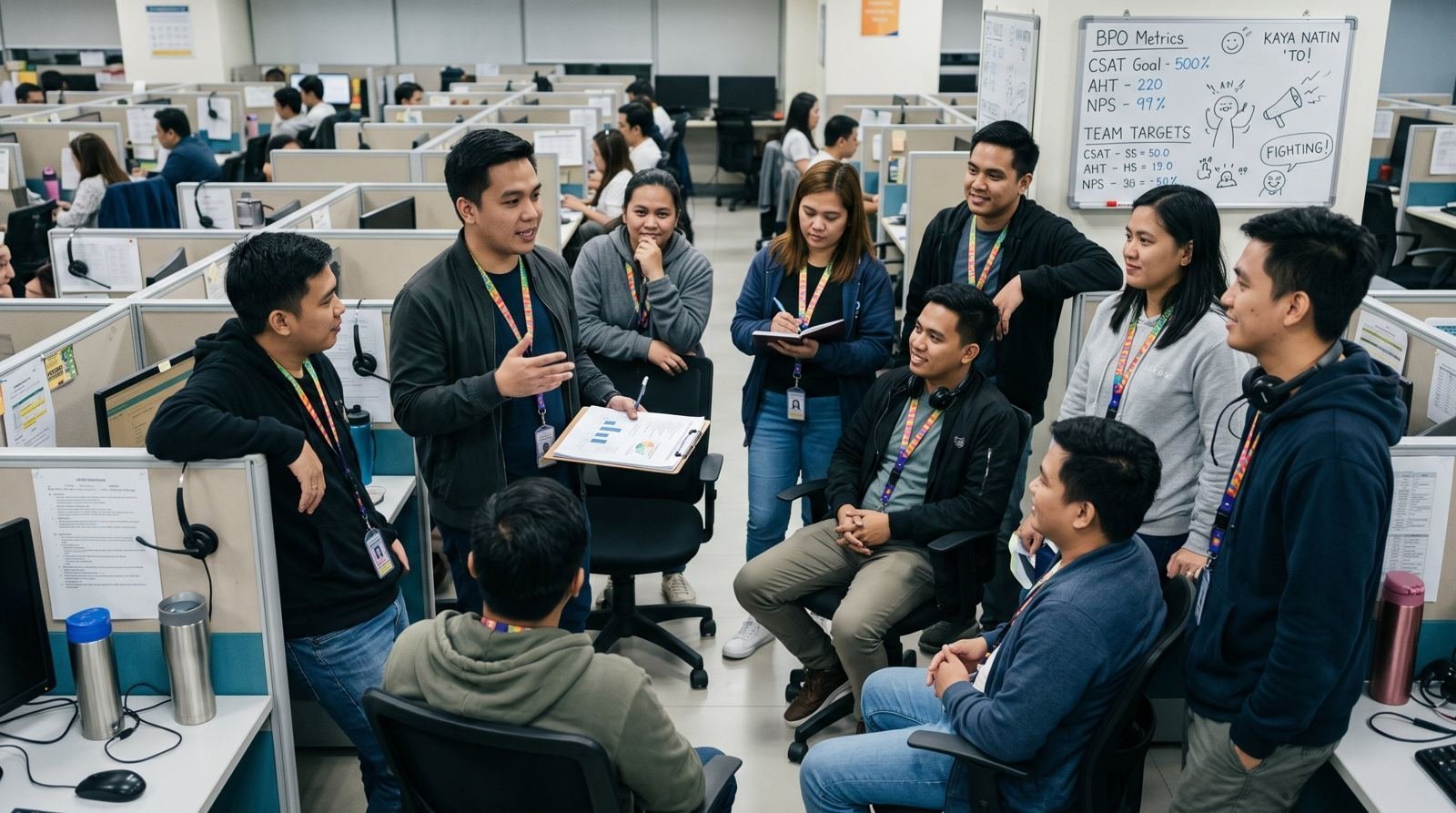 Team lead running a huddle with agents on the production floor