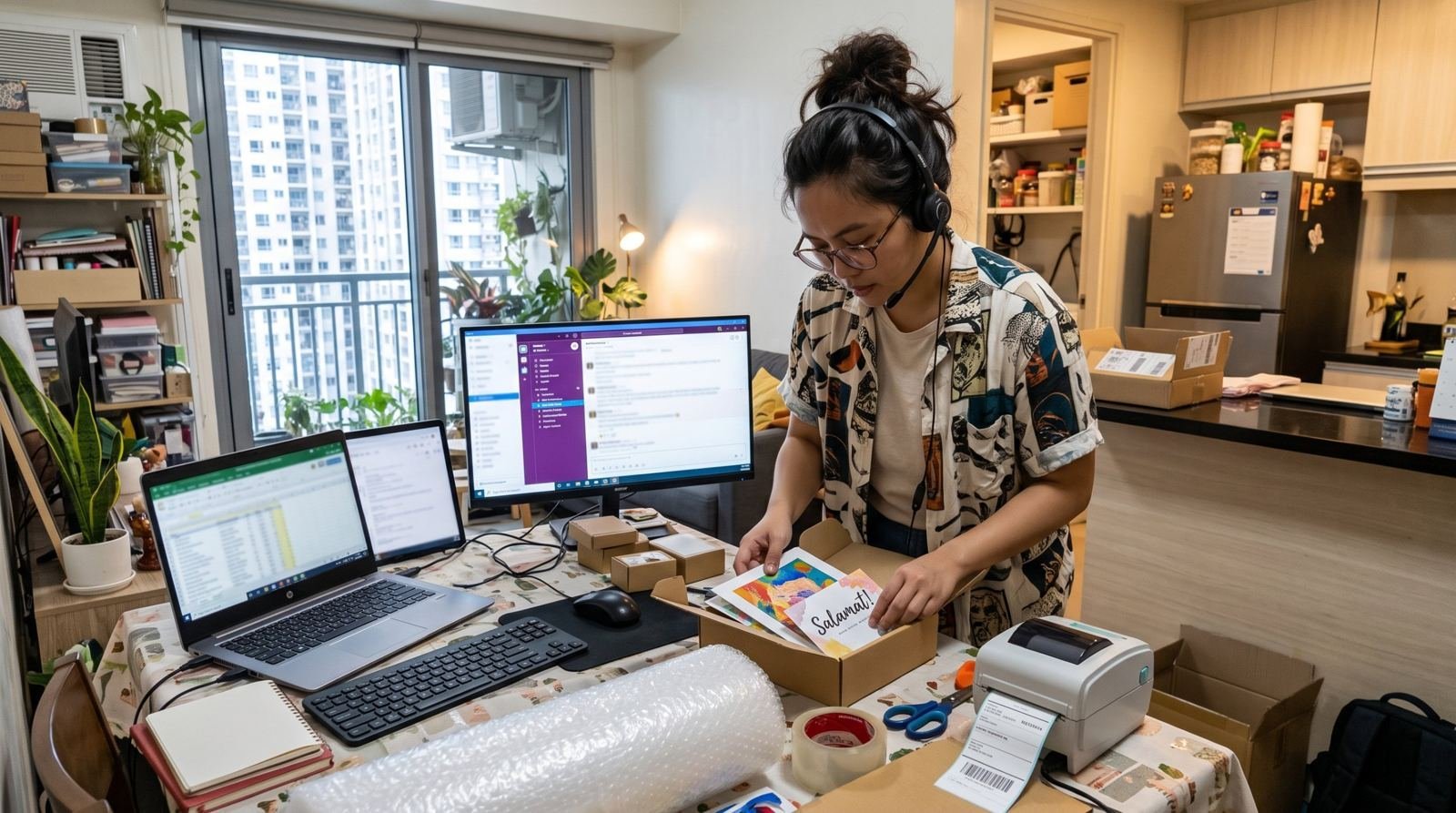Working from home on headset while packing an online order for her side business