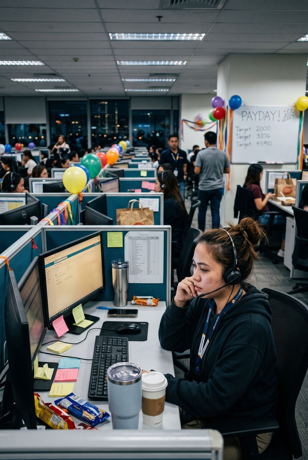 Agent on headset at her desk on payday night, balloons and a PAYDAY board behind her