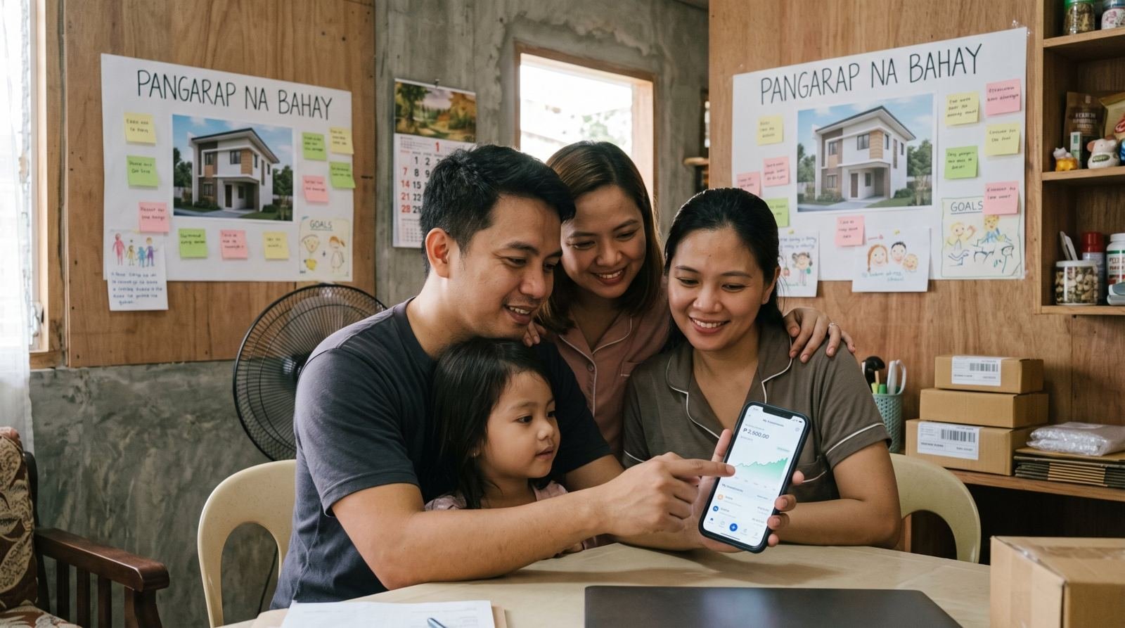 A family looking at an investing app together under their dream-house goal board