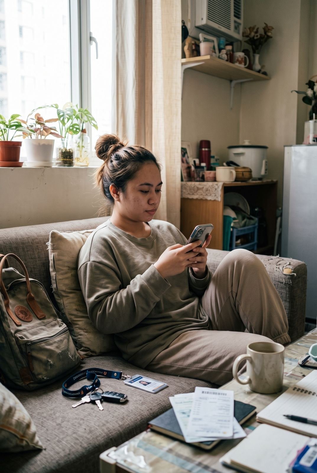 BPO professional resting on the sofa after shift, checking her finances on her phone